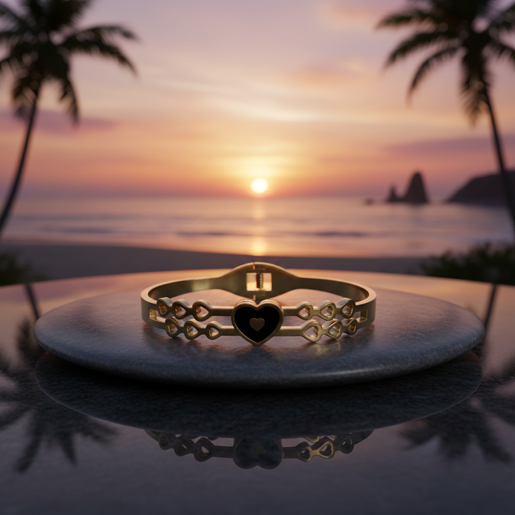 18k Gold plated bracelet on a stone surface with a sunset and palm trees in the background