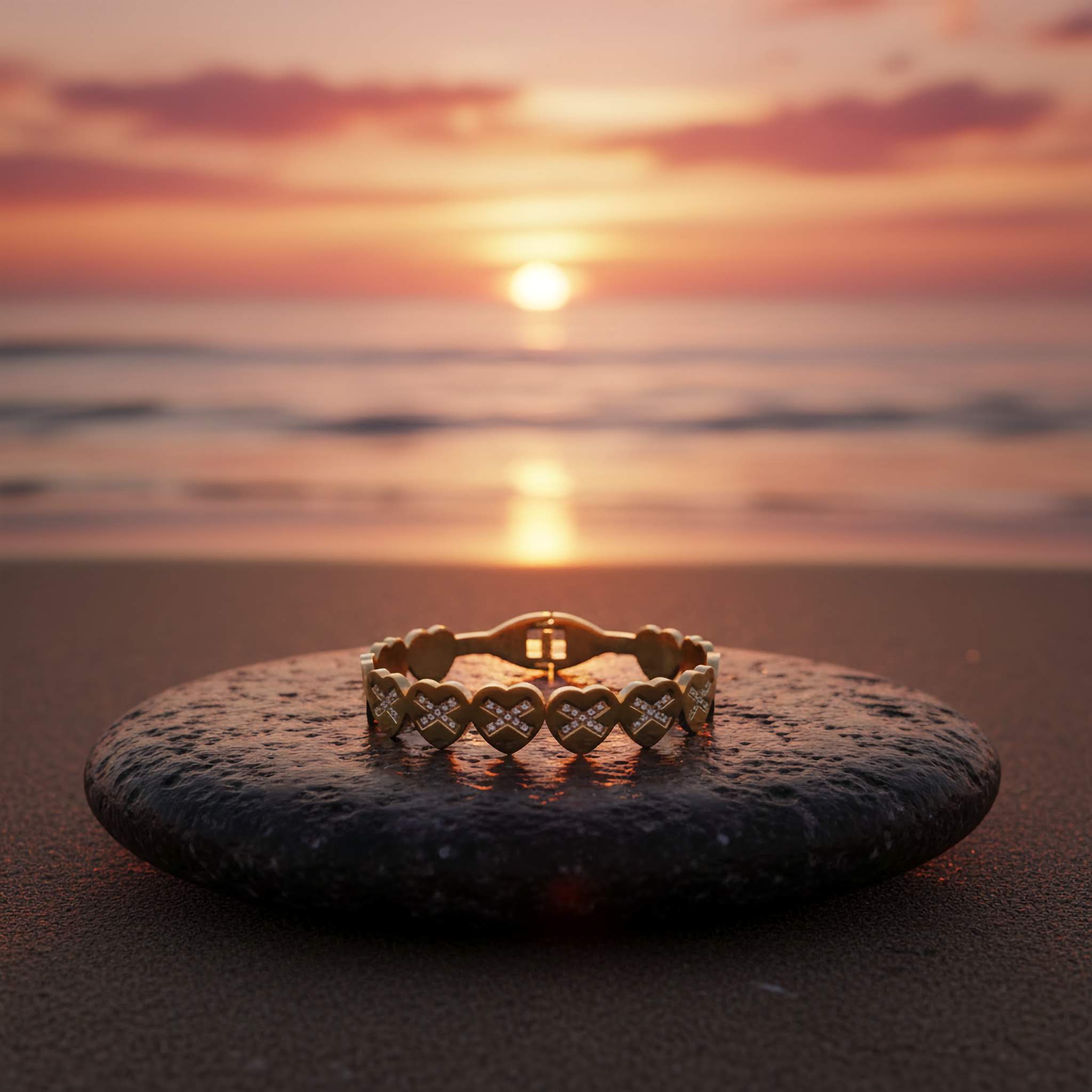 18k gold plated Bracelet on a rock with a sunset over water in the background