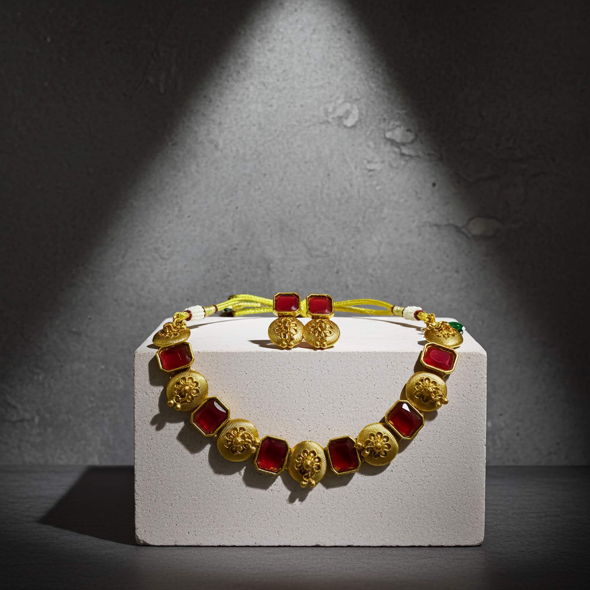 Gold and red necklace on a white stand with a gray background