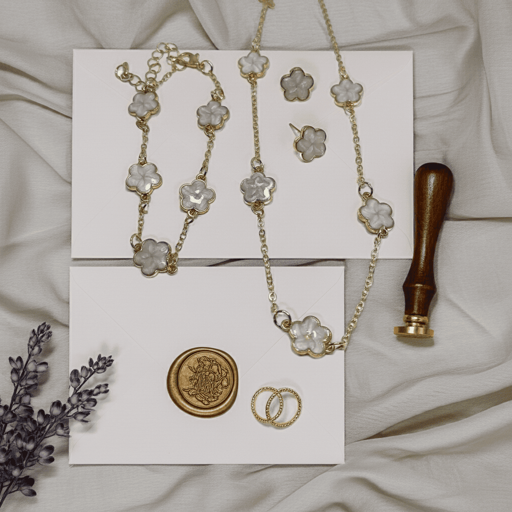 Gold jewelry set with white clover necklace, earrings, and rings on a white card with a wax seal and wooden handle.