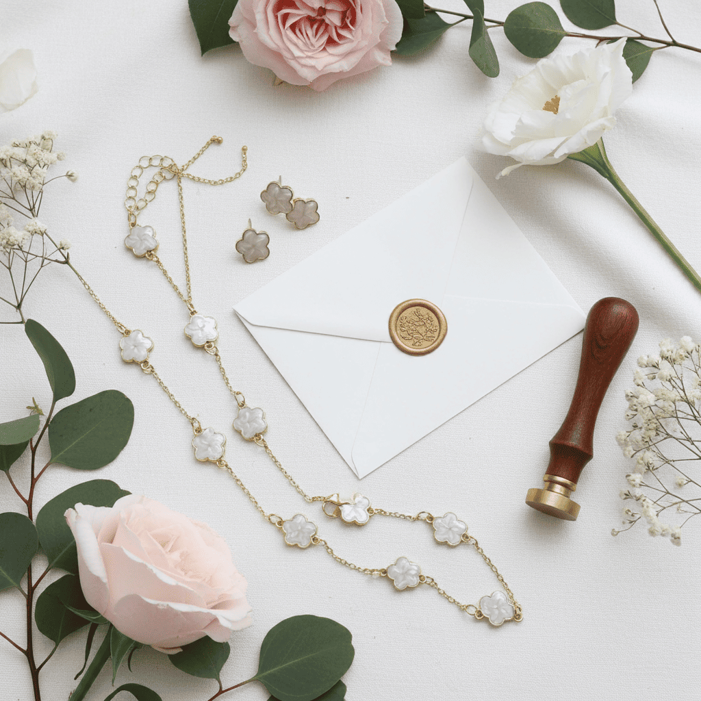 White clover Jewelry set with necklace, earrings, and letter on a white background with flowers and a wax seal.