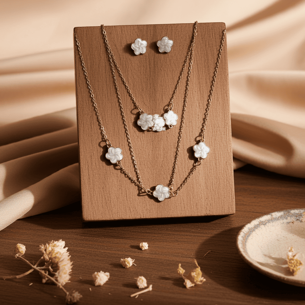 white clover Necklace bracelet and earrings with floral designs on a wooden stand, surrounded by dried flowers.