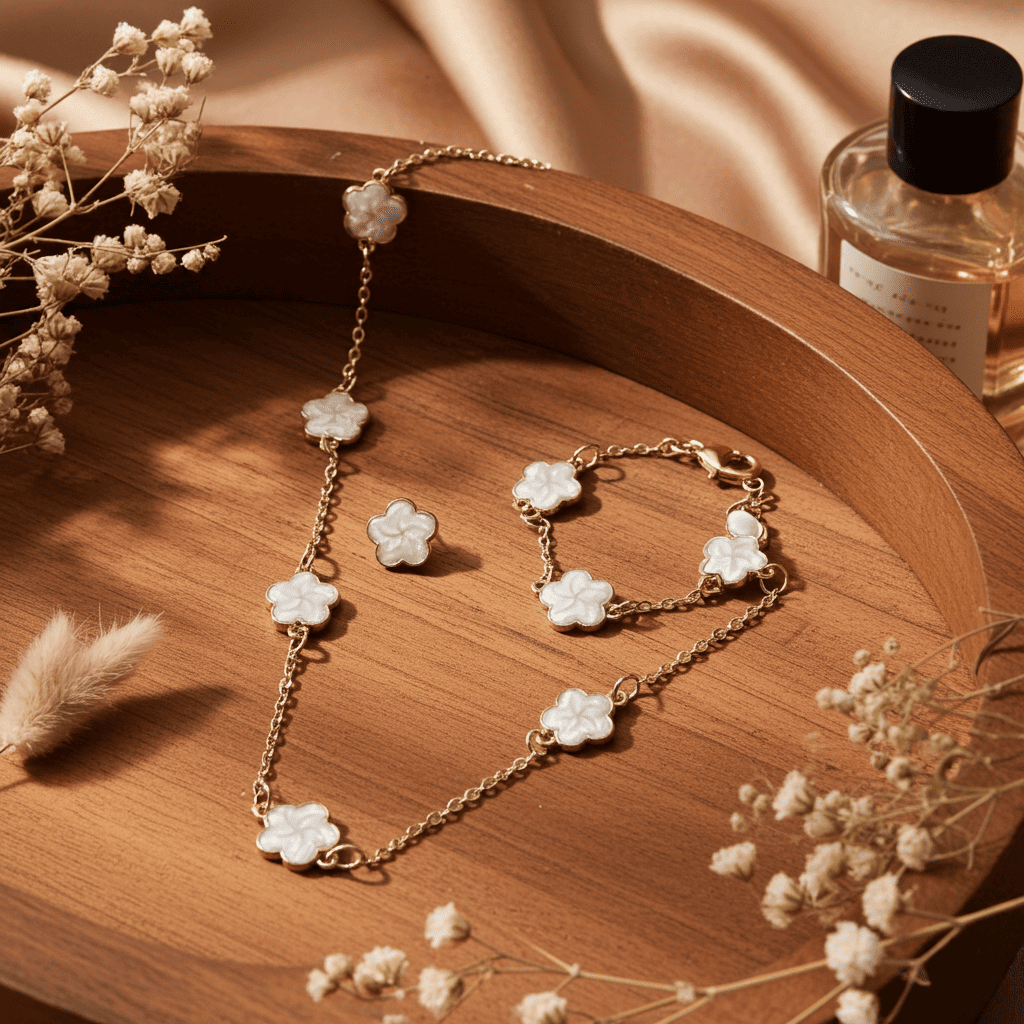 white clover Jewelry set with necklace, bracelet, and earrings on a wooden tray with dried flowers and a bottle of perfume.