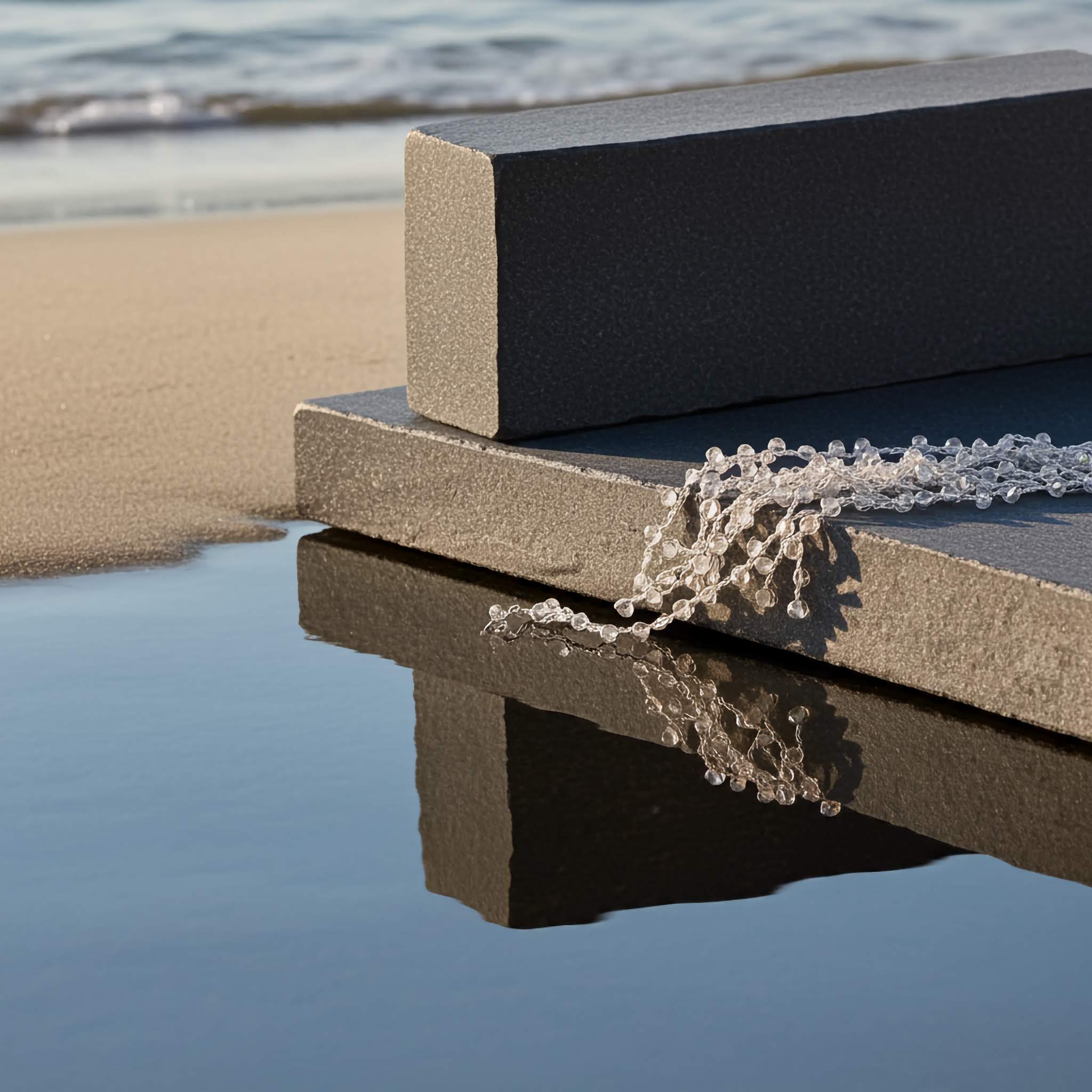 Beaded necklace on a two stone steps leading to a body of water with sand and water in the background