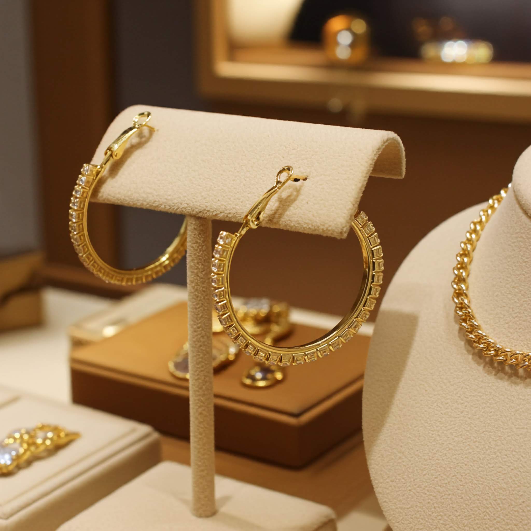Gold hoop earrings on a display stand with a blurred jewelry store background