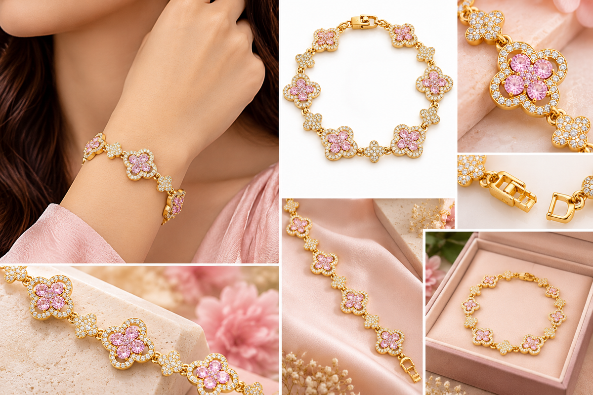 Luxury Pink Clover Bracelet with Sparkling Stones| 18K Gold Plated Luxury