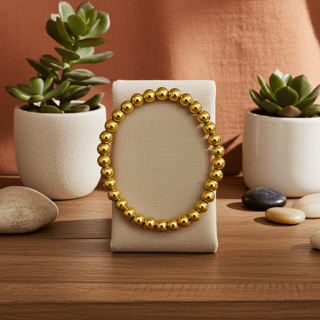 LeDeSaRa offers Gold beaded slip-on bracelet on a beige stand with potted plants and stones in the background
