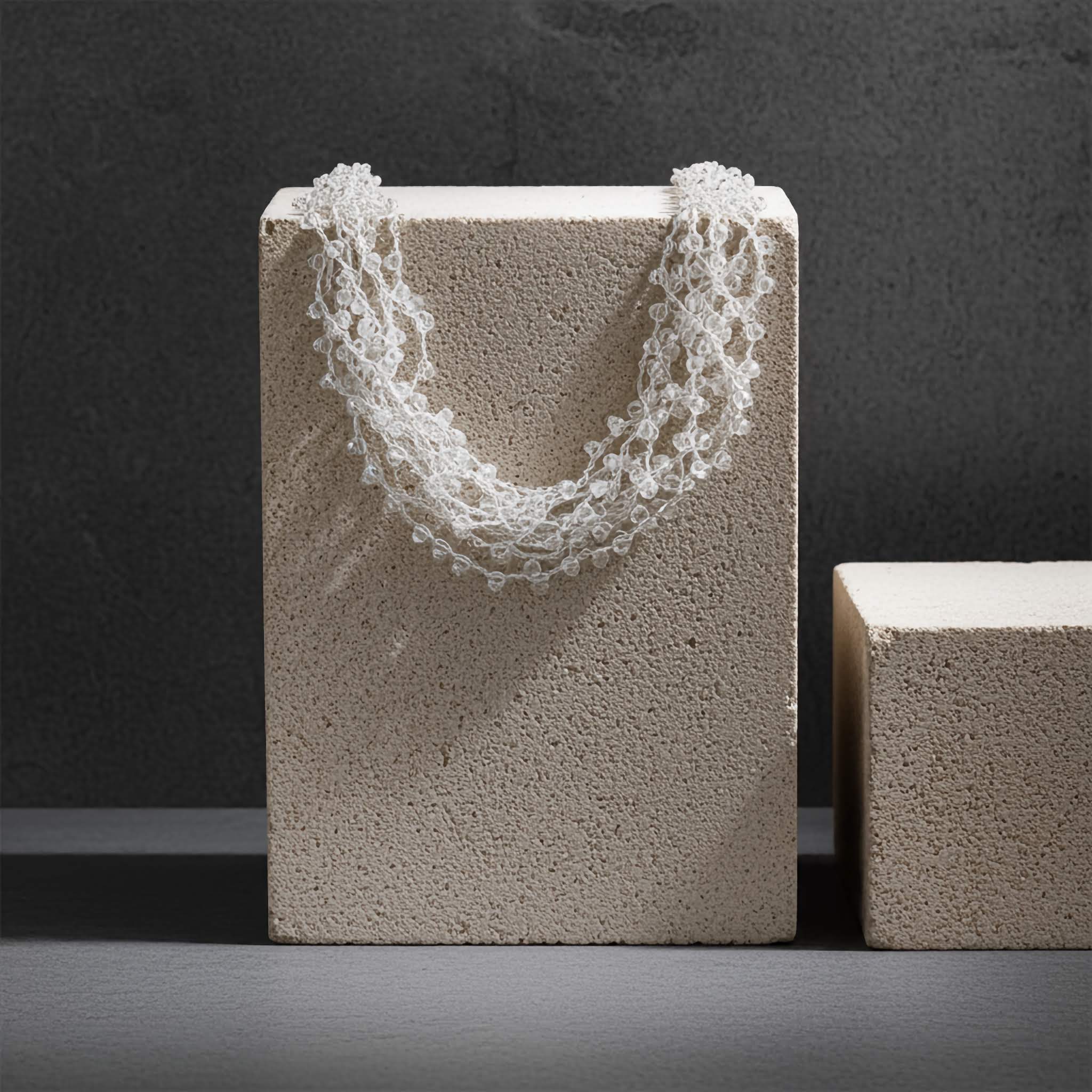 Beaded necklace on a textured beige block against a dark background