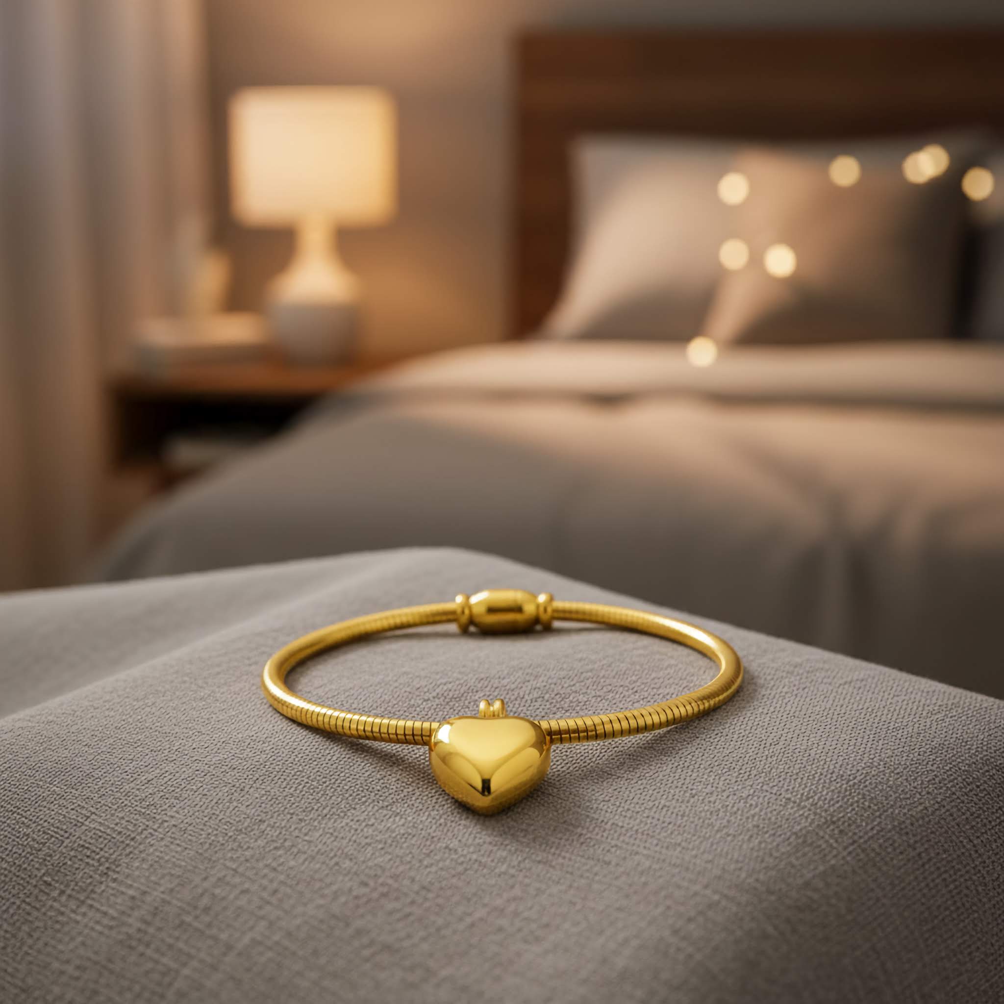 Elegant Gold bracelet with a heart charm on a bed in a softly lit bedroom.