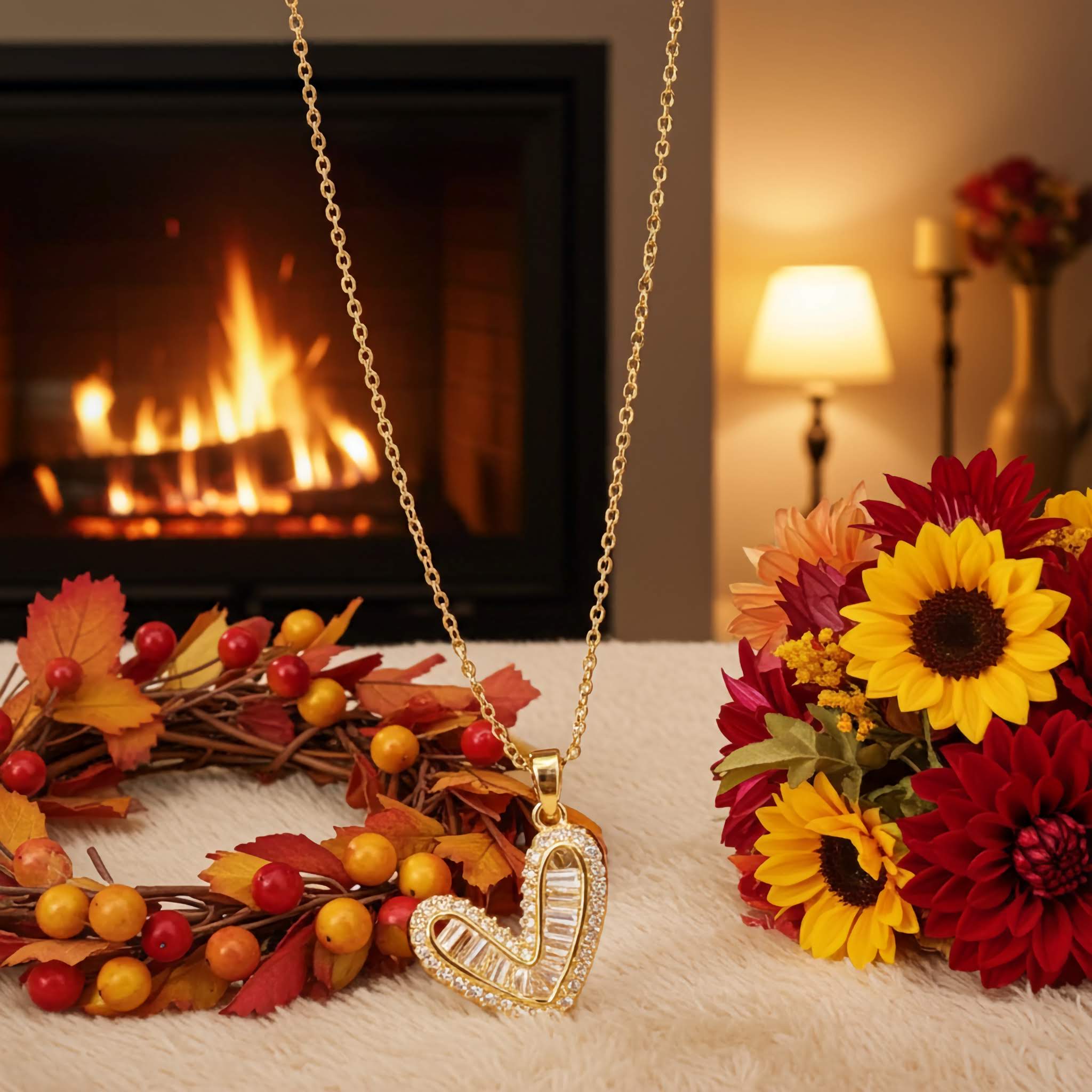 A Gold-plated swarovski necklace with a crystal heart pendant on a surface with autumn-themed decorations and a fireplace in the background.