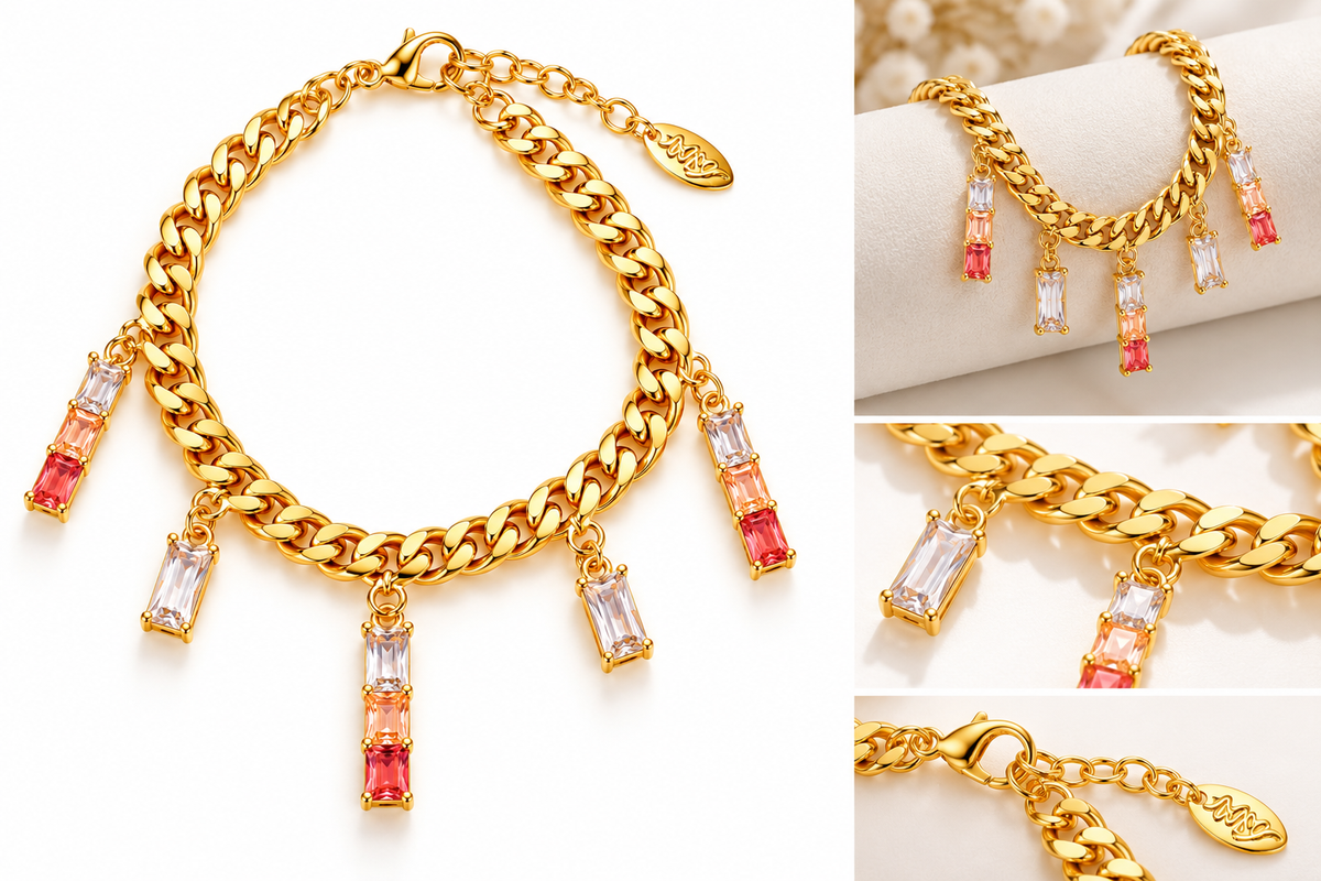CZ Pink Stone Charm Bracelet for Women| 18K Gold Plated Luxury