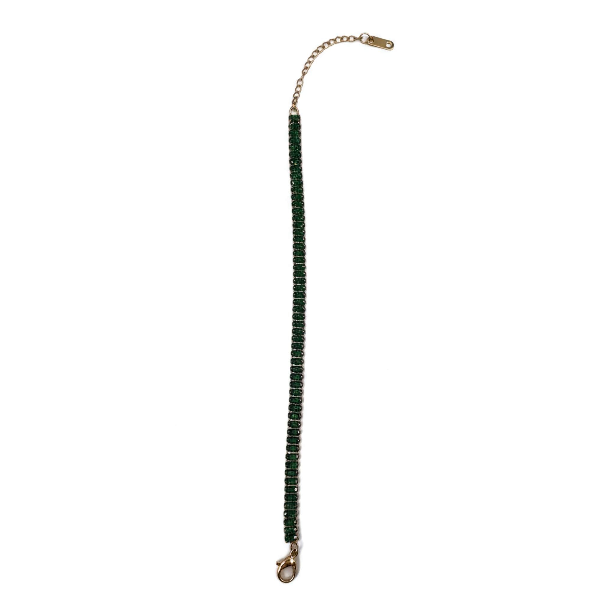 Green beaded necklace with gold clasp on a white background