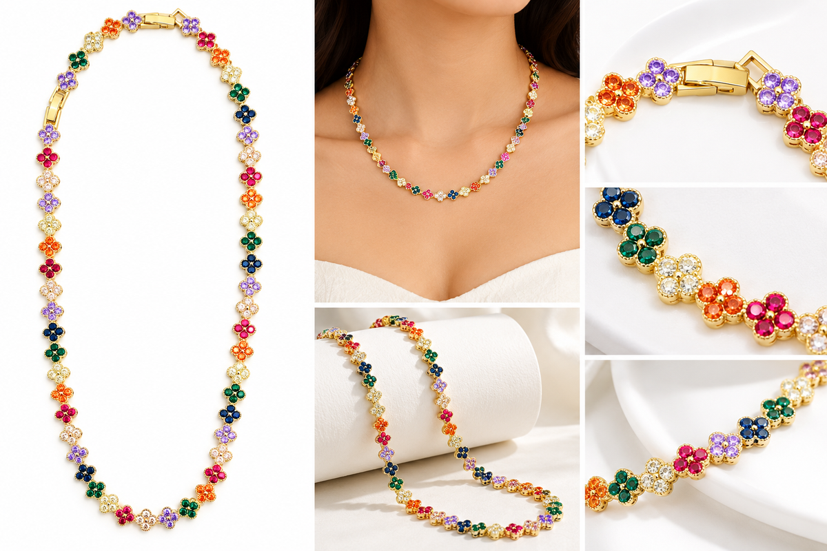 Luxury Multi Clover CZ Tennis Necklace – Elegant Gold-Tone Jewelry