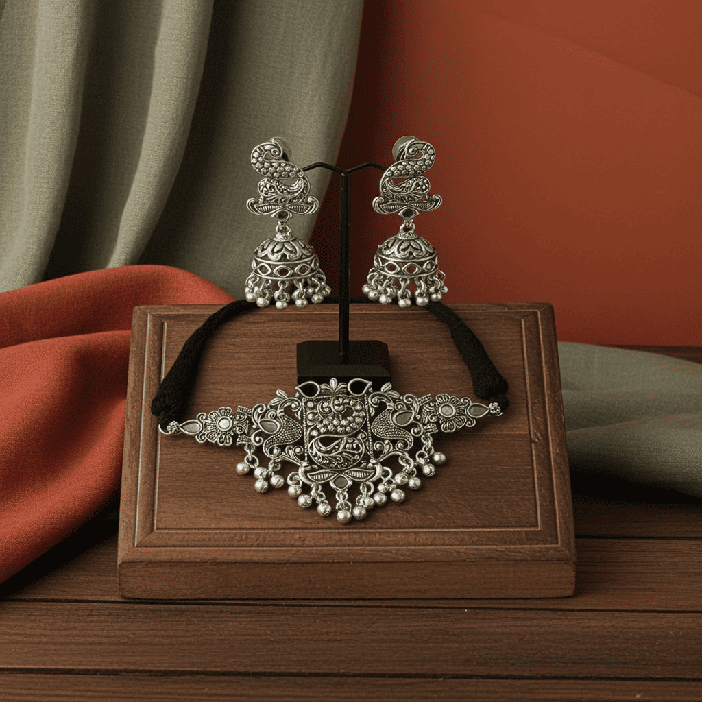 oxidized Silver jewelry set on a wooden stand with a brown background