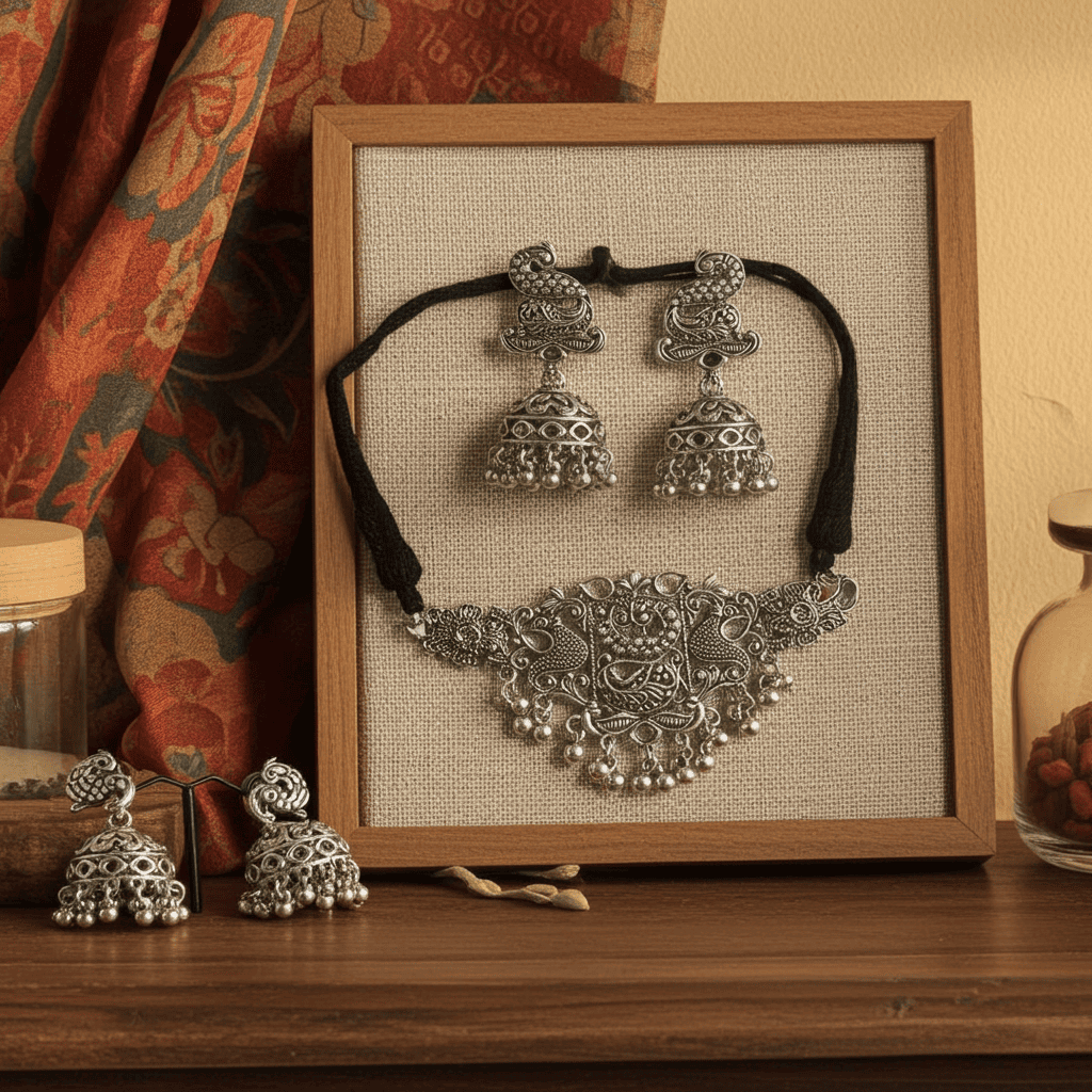 oxidized Silver necklace and earrings displayed on a wooden stand with a textured fabric background.