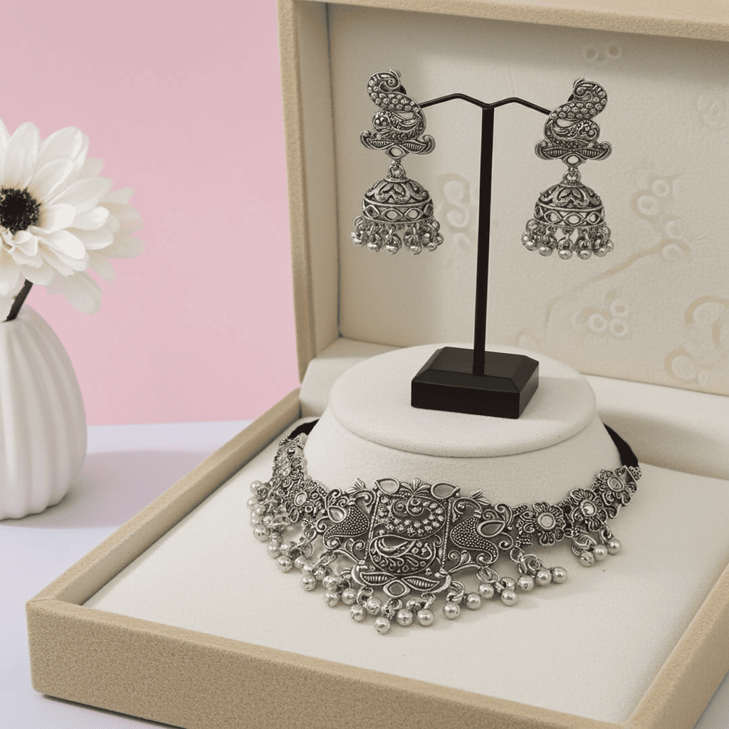 oxidized Silver necklace and earrings on a stand with a pink background