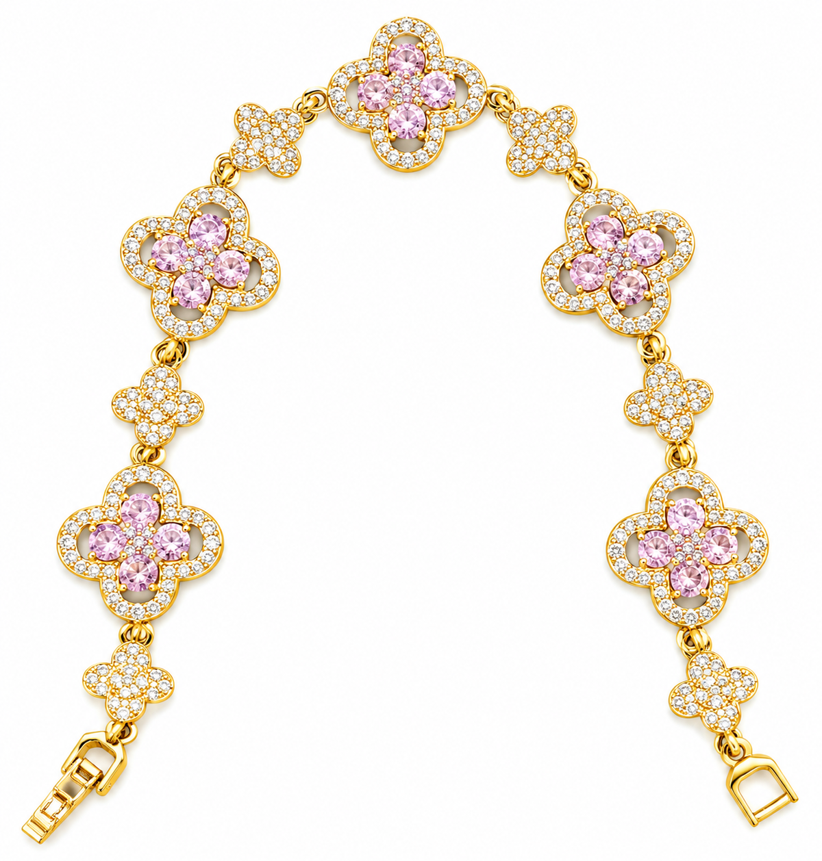 Luxury Pink Clover Bracelet with Sparkling Stones| 18K Gold Plated Luxury