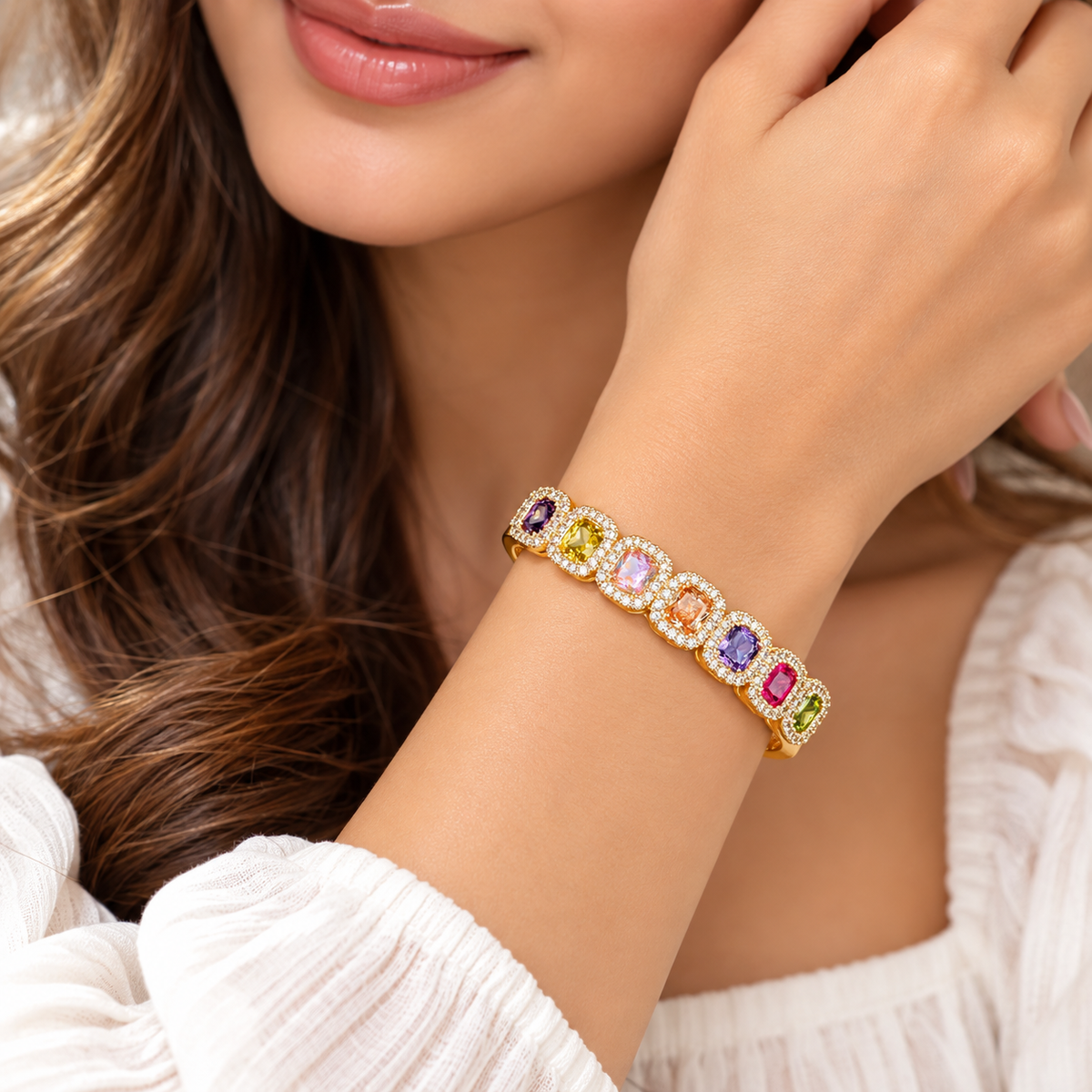 Glamour Multi-Stone Zirconia Bangle| 18K Gold Plated Luxury