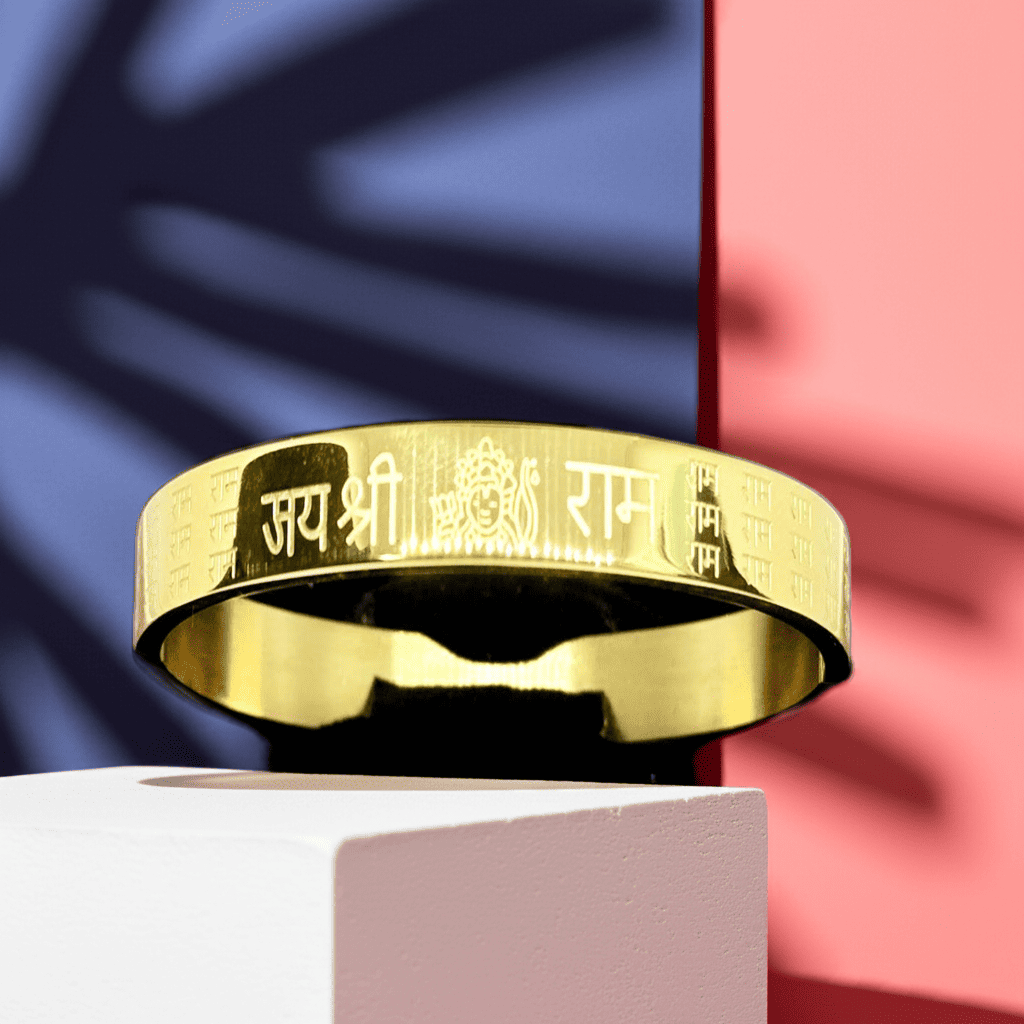 Shree Ram Golden Kada with engraved text on a colorful background
