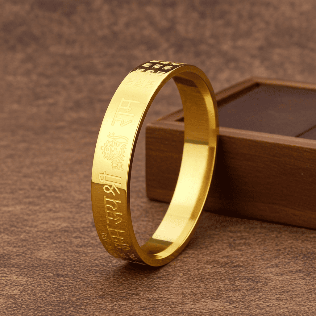 Shri Ram Gold Bangle engraved text on a brown textured surface