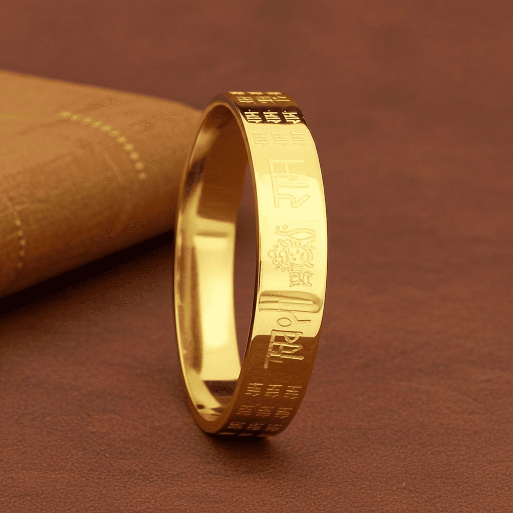 18k Gold Shri Ram bangle with engraved text on a brown textured background