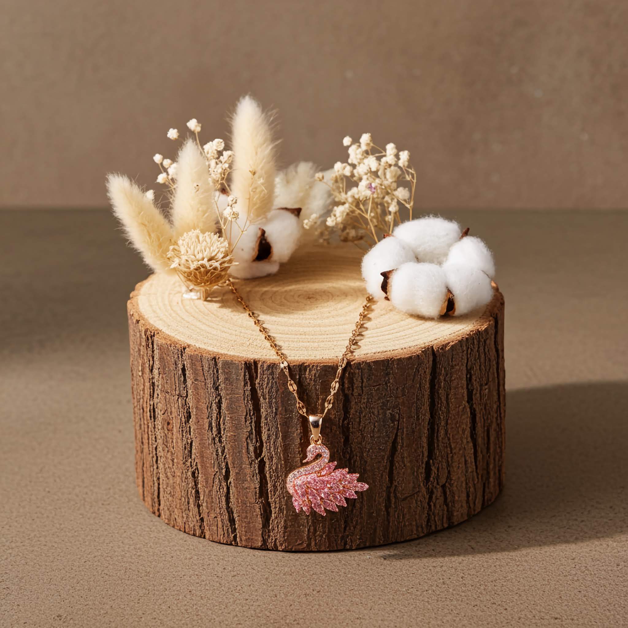 Swarovski Necklace with a pink swan pendant on a wooden block with decorative elements.