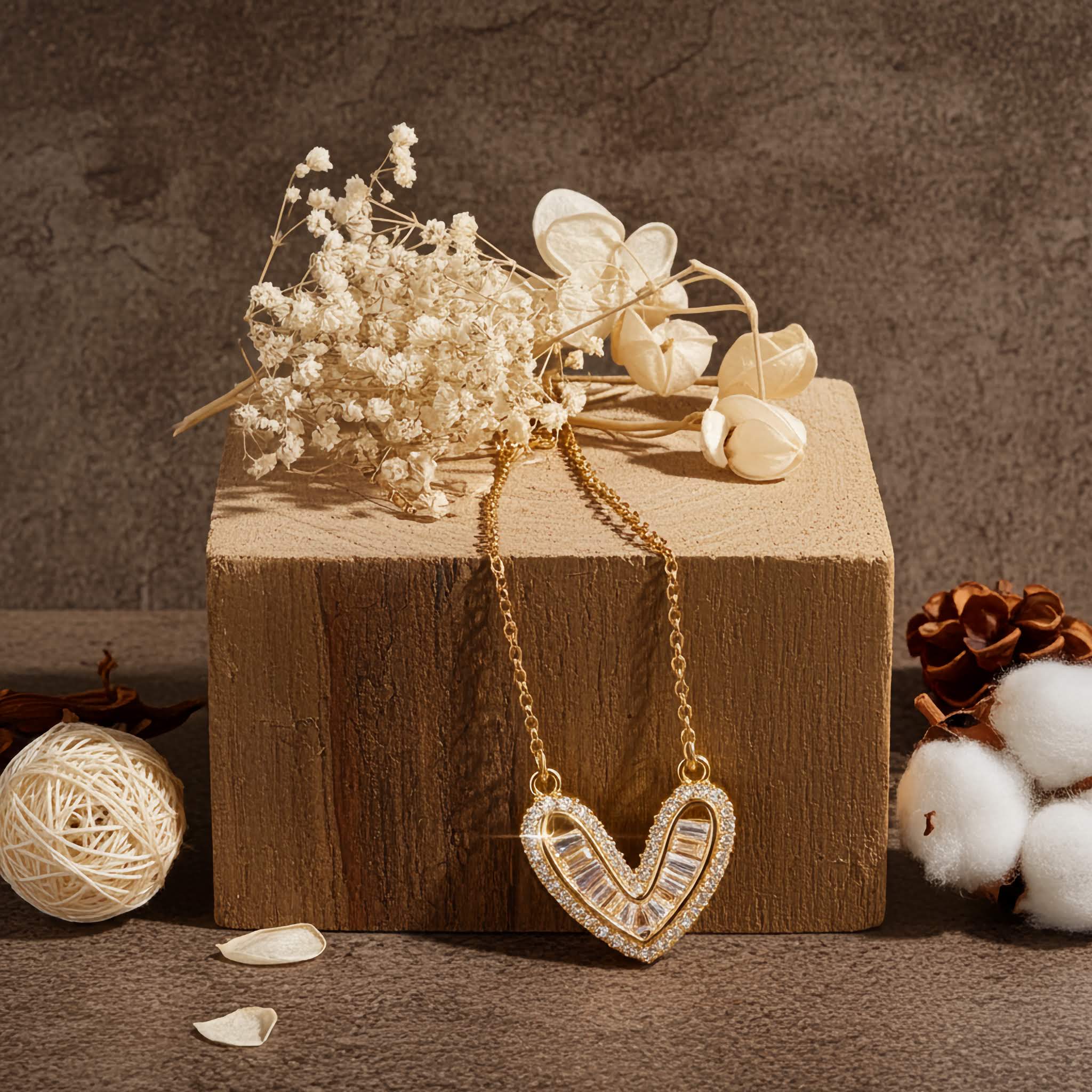A Swarovski crystal Heart-shaped necklace on a wooden block with decorative flowers and elements.