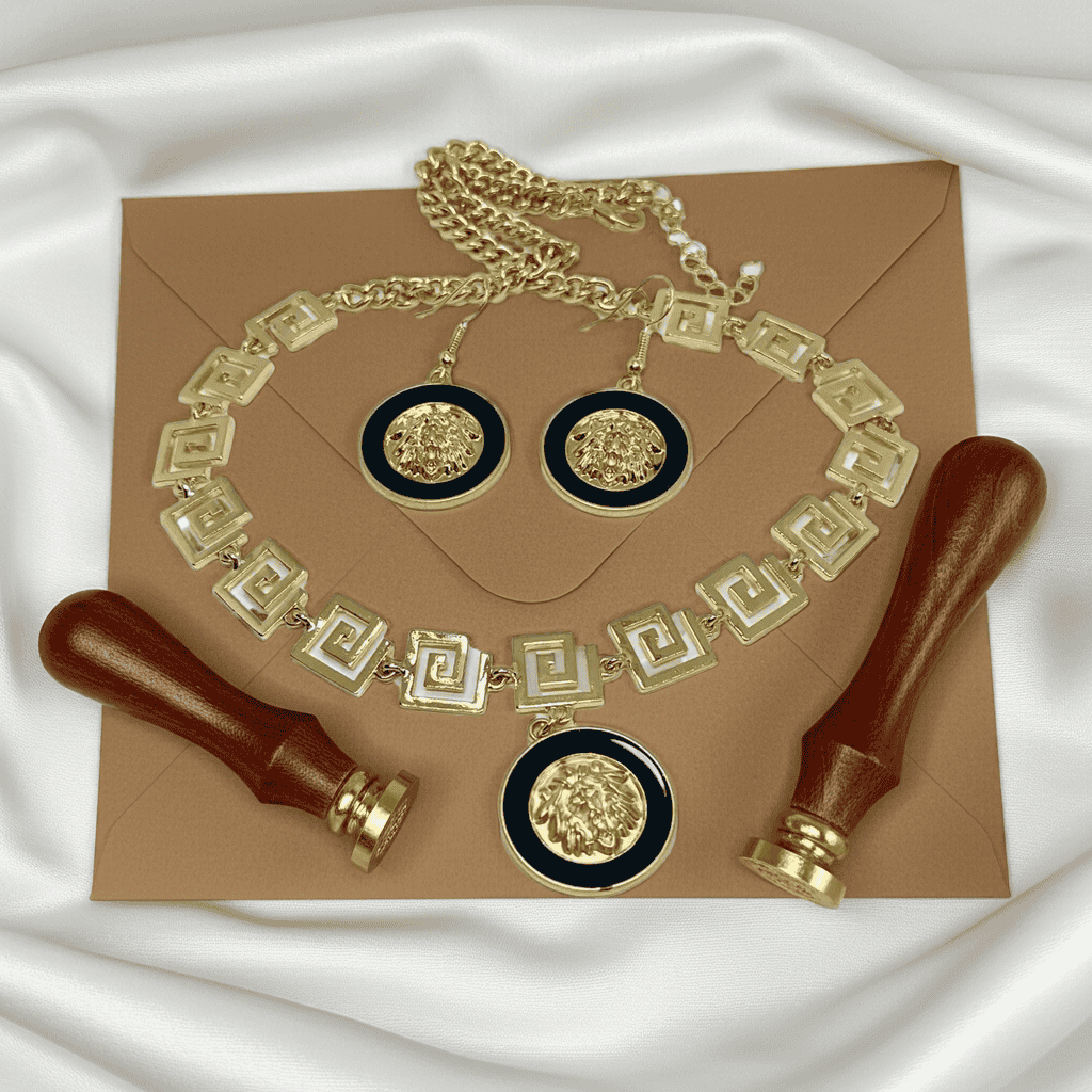 Tiger design necklace with Pendant and earrings displayed on a wedding card. Stainless steel, 18k gold coated by Ledesara.