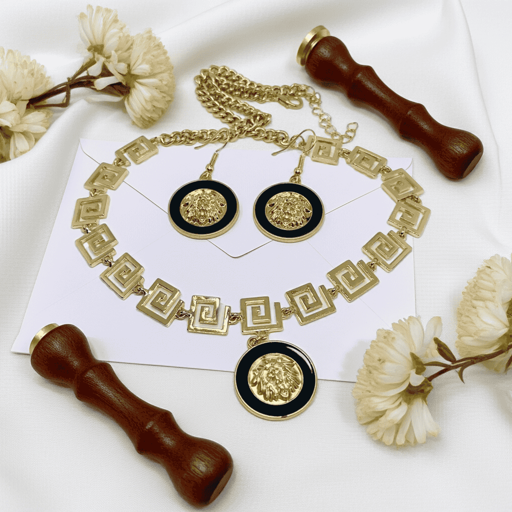 Tiger design necklace with Pendant and earrings displayed on a white wedding card. Stainless steel, 18k gold coated.