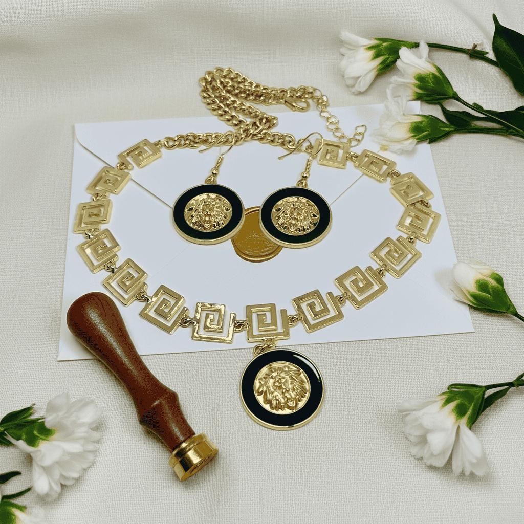 Tiger design necklace with Pendant and earrings. Stainless steel, 18k gold coated displayed on a white top.