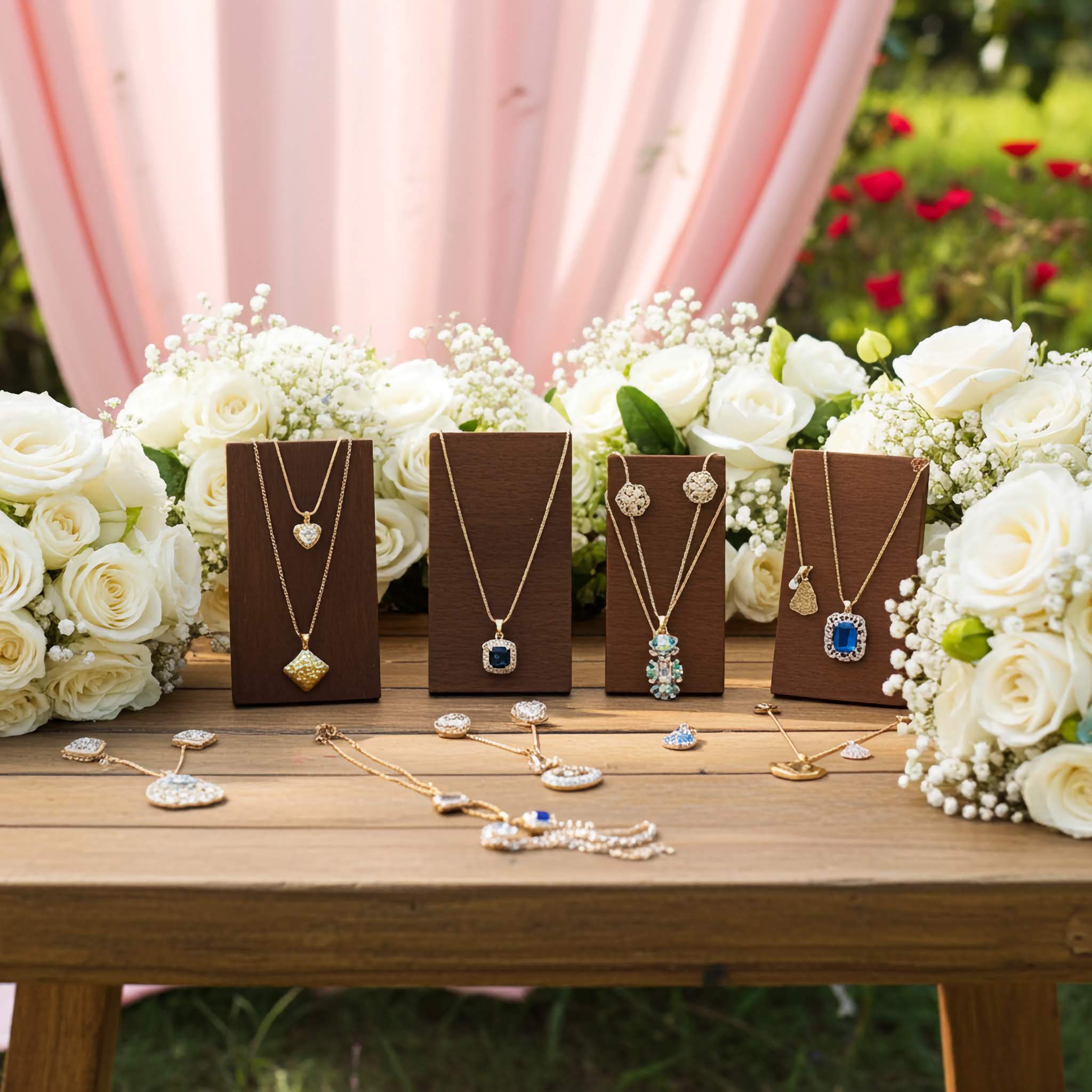 Jewelry display with necklaces on brown cardboards surrounded by white flowers outdoors.