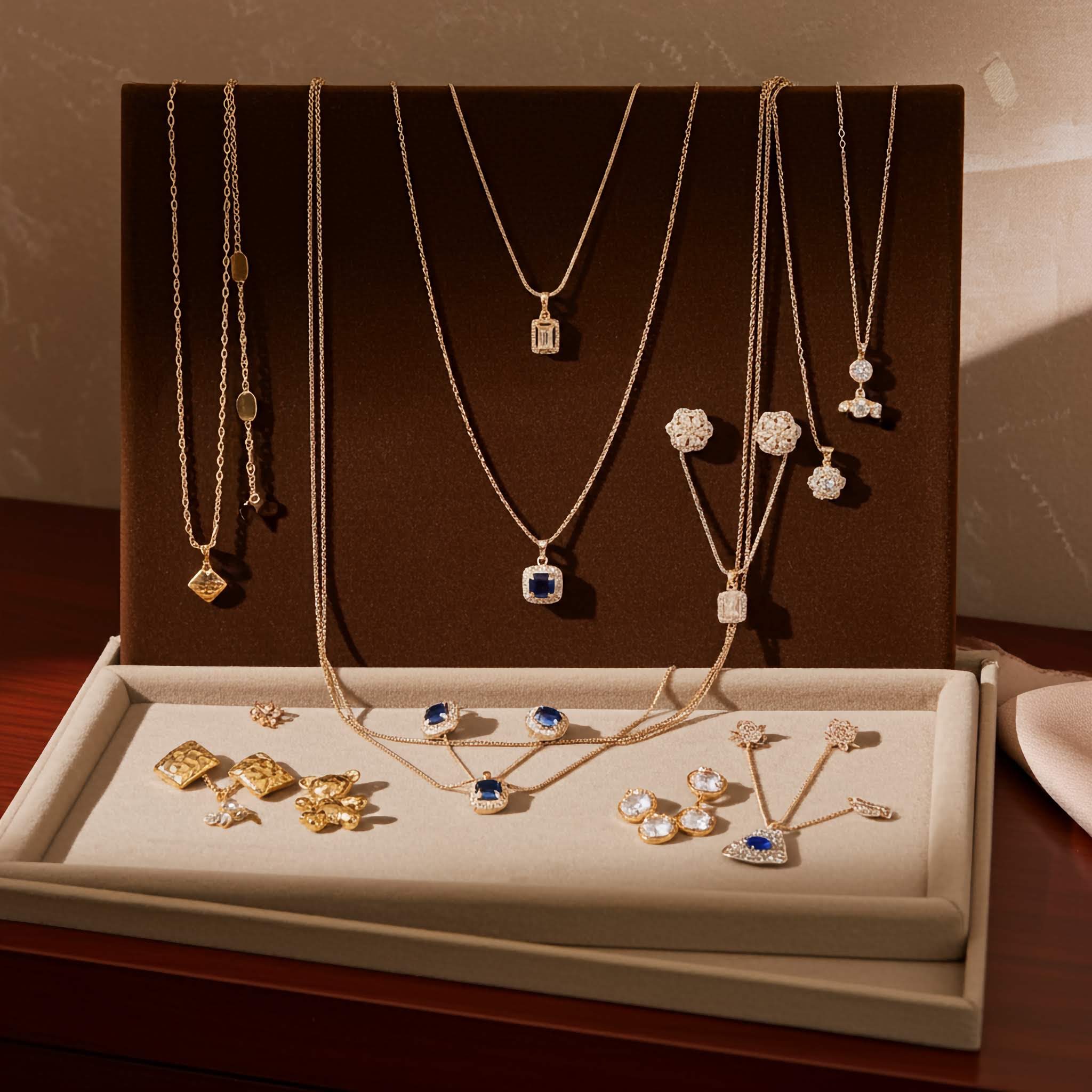 Jewelry set including necklaces and earrings displayed on a brown stand.