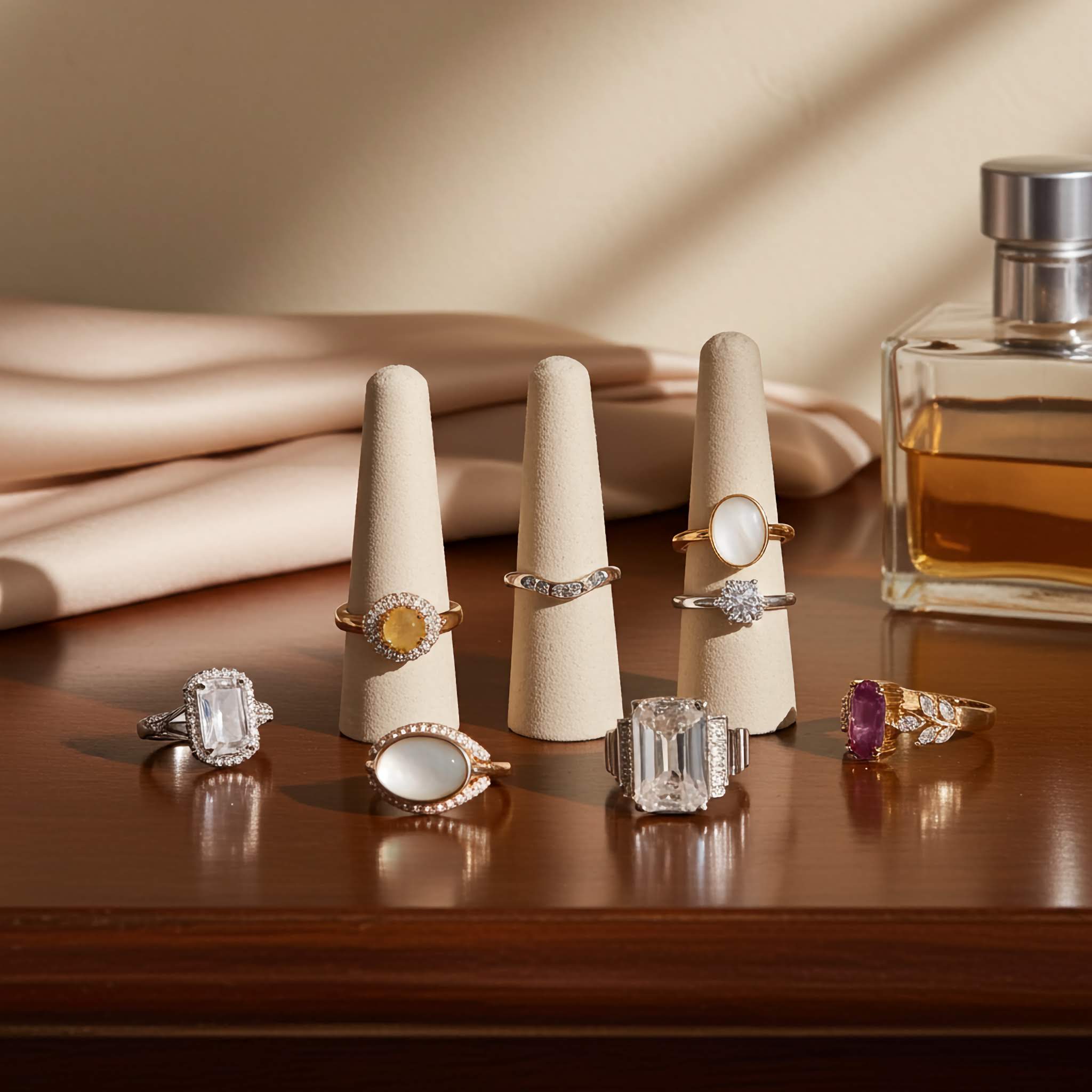 Collection of rings on wooden surface with a bottle of perfume in the background