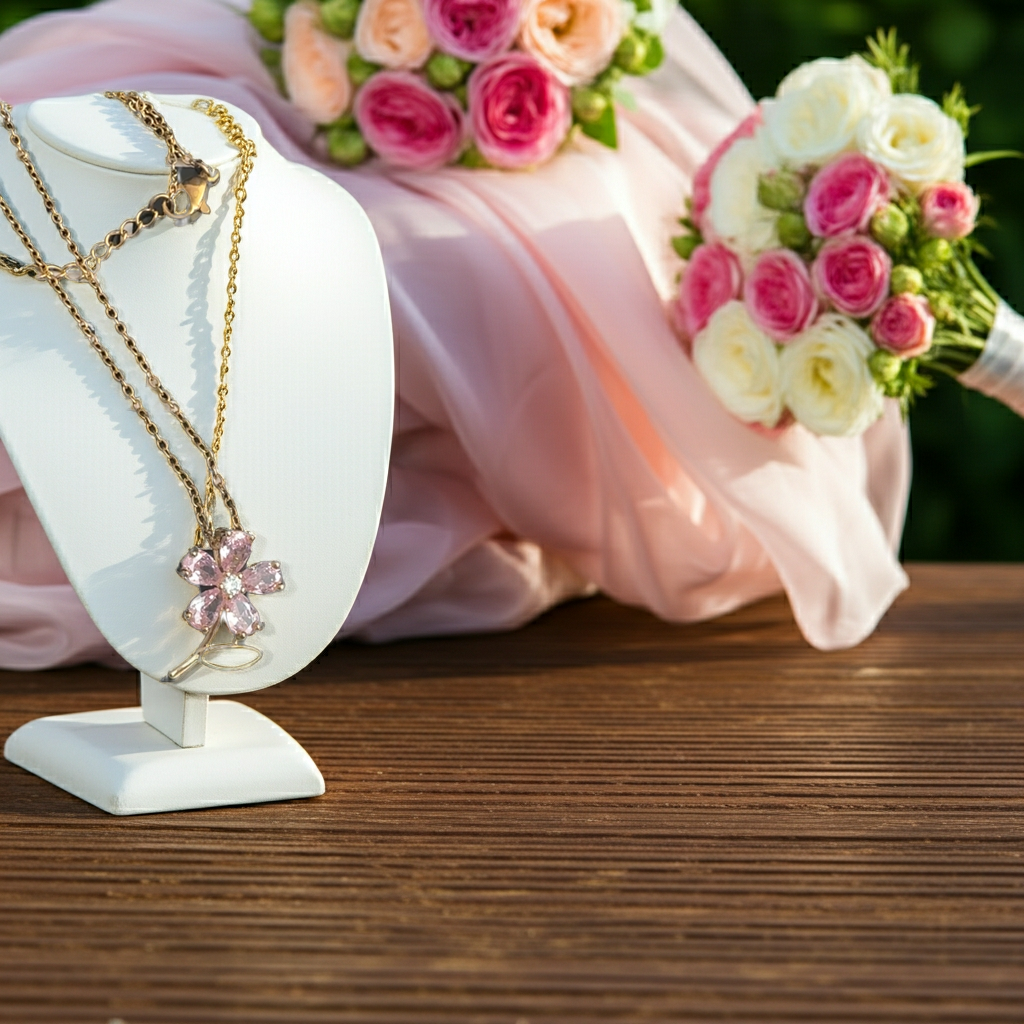 Baby Pink Flower Necklace| Pink Crystal Flower Pendant in Gold