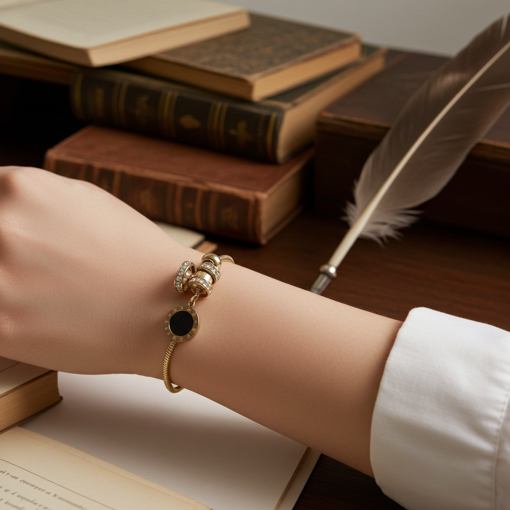 Black and Gold Charm Bracelet| Elegant 18K Gold Plated Jewelry