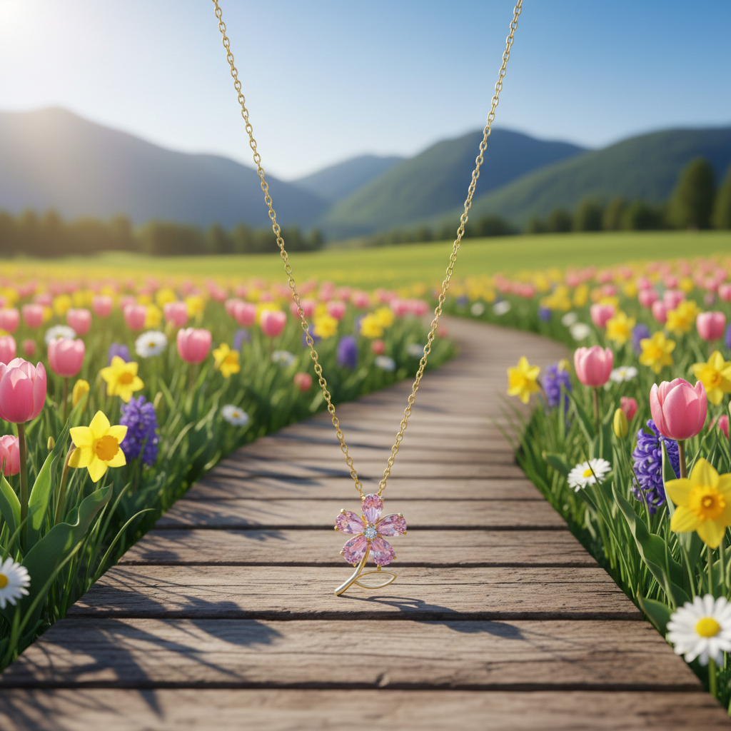 Baby Pink Flower Necklace| Pink Crystal Flower Pendant in Gold