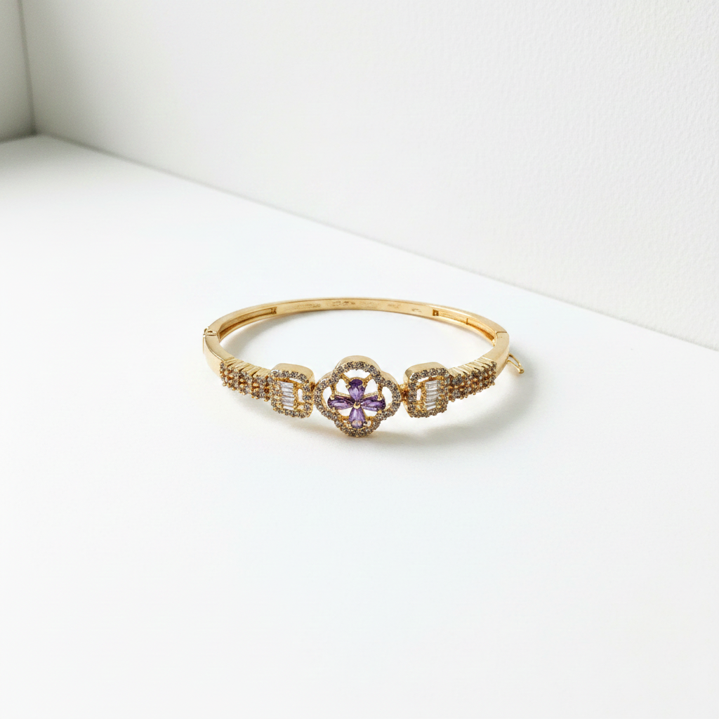 Amethyst Bloom Gold Bangle | Floral Crystal Luxury Bracelet