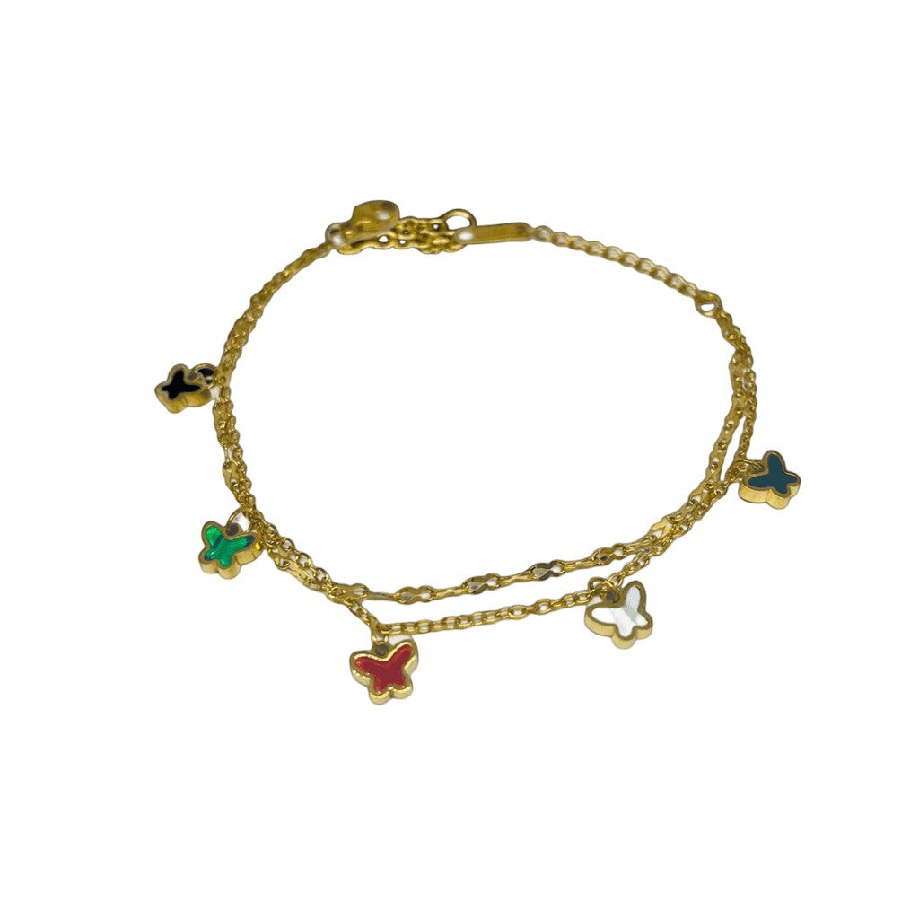 Gold anklet  with colorful butterfly charms on a white background