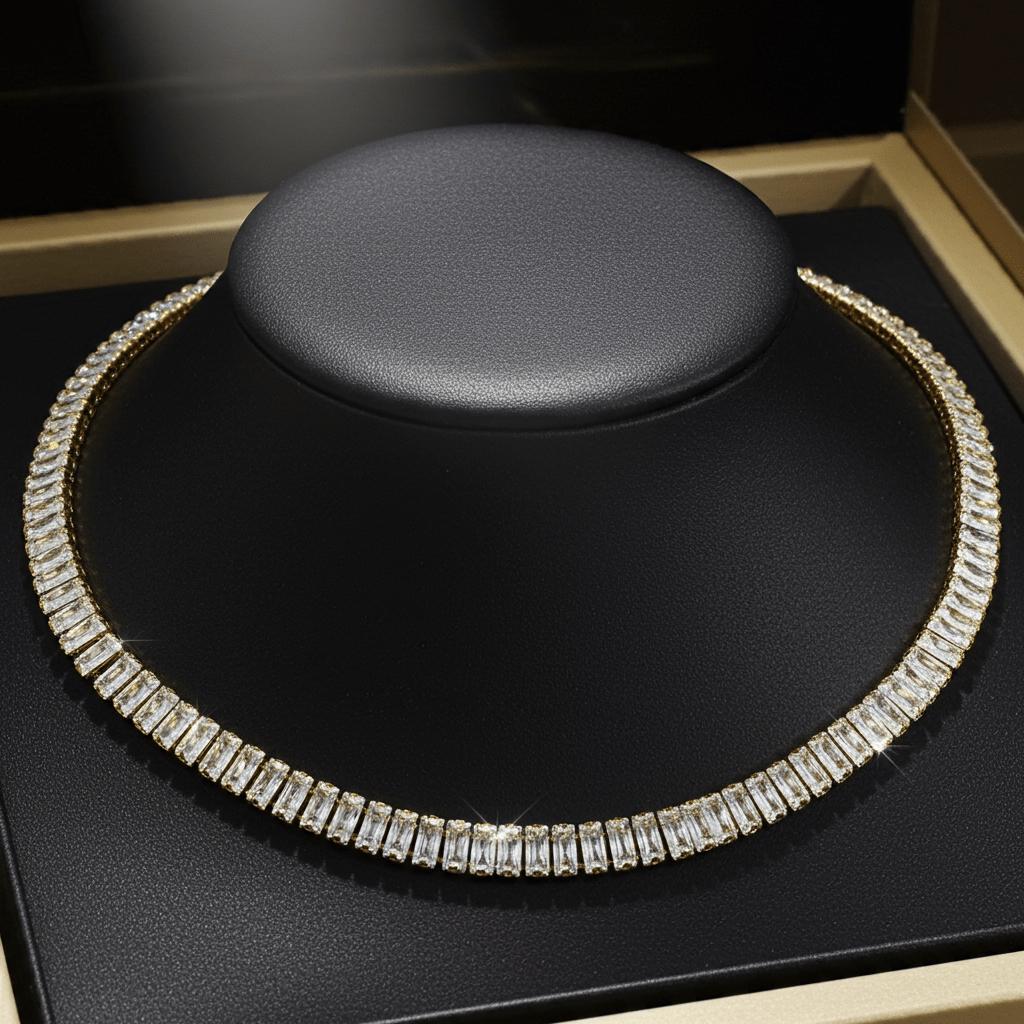 Diamond necklace on a black stand with a dark background