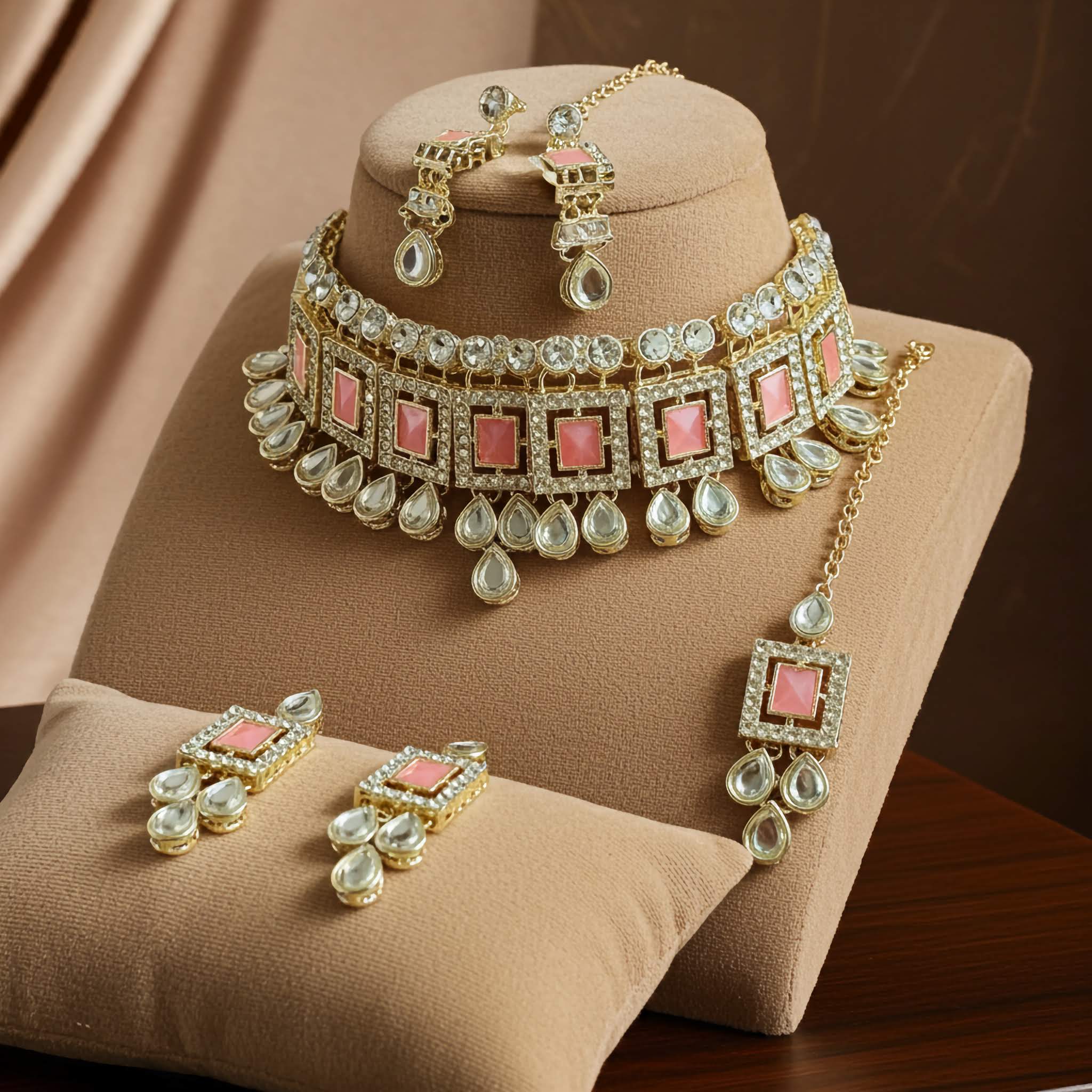 A pink kundan choker Jewelry set with necklace and earrings on a brown stand deal by LeDeSaRa.
