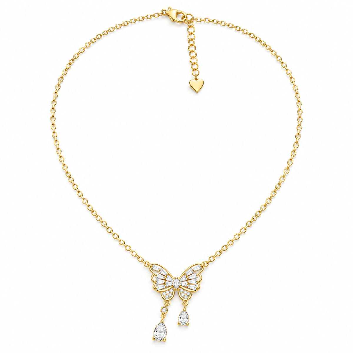 Gold-tone butterfly necklace with clear stones and two teardrop dangles on a white background