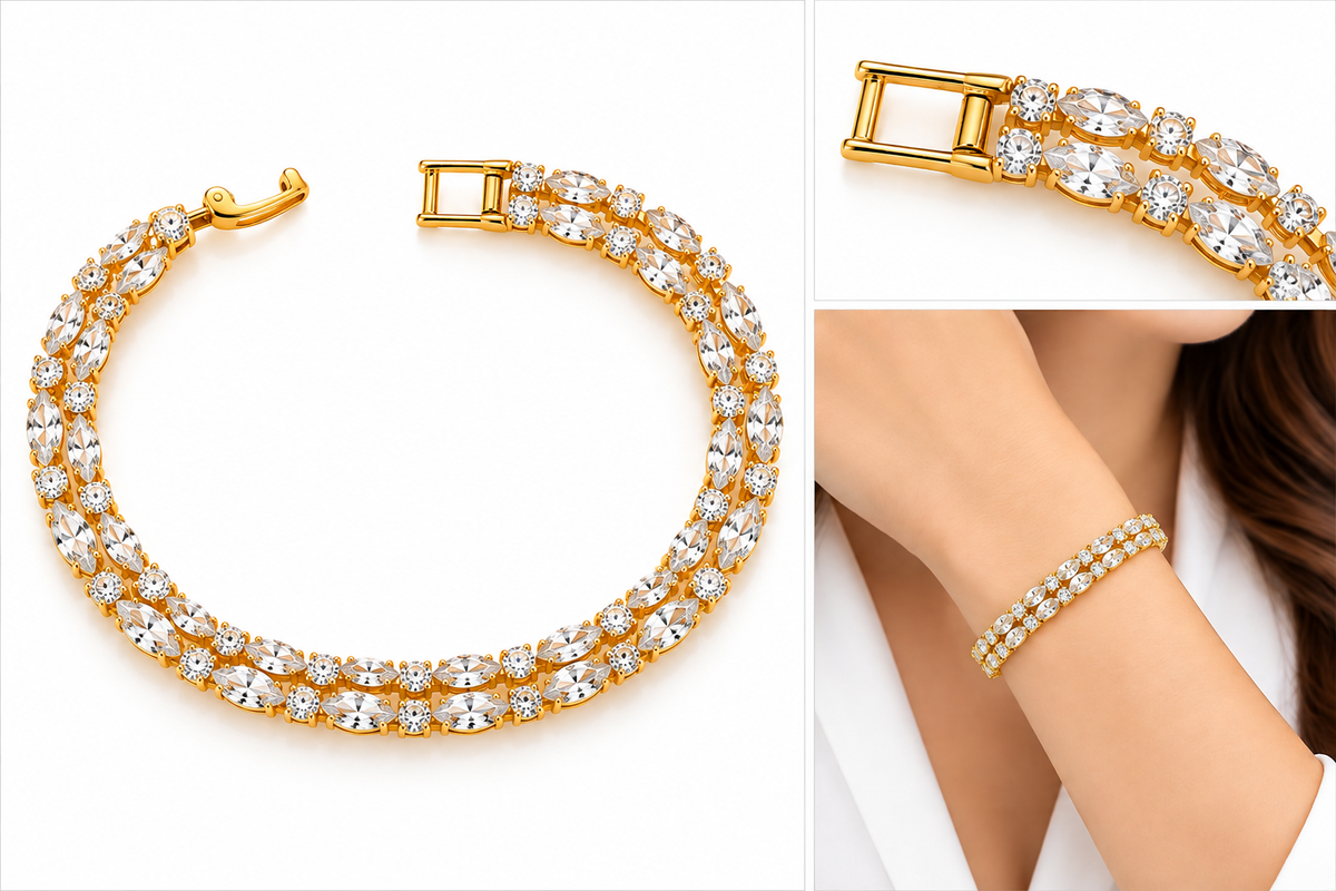 LeDeSaRa gold-tone double-row marquise and round AD stone bracelet on white background and model wrist