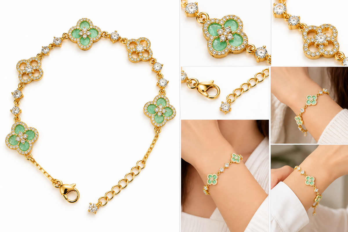 Gold-tone green clover AD stone adjustable bracelet with white-background product view, detail close-ups and model styling by LeDeSaRa