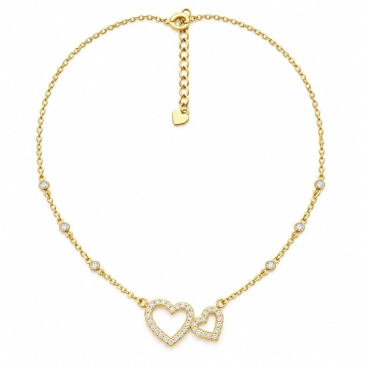 Gold-plated double open-heart necklace with clear AD stones and six stone accents on white