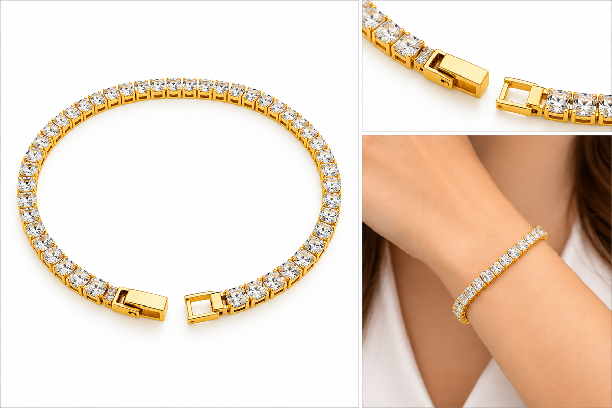 LeDeSaRa gold-tone princess-cut cubic zirconia tennis bracelet with white background, clasp close-up and model wearing bracelet