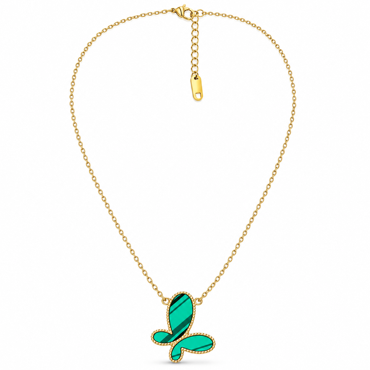 Green butterfly pendant necklace with dark green diagonal stripes and gold-tone chain on white