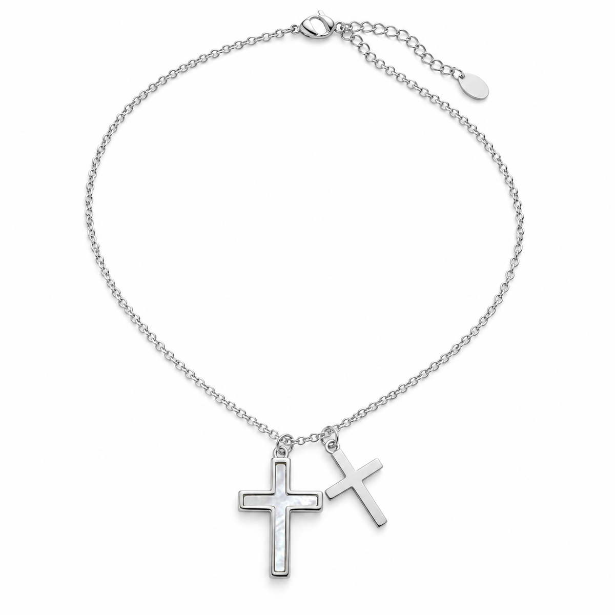 Silver-tone stainless steel double-cross necklace with white pearlescent-look inlay on white