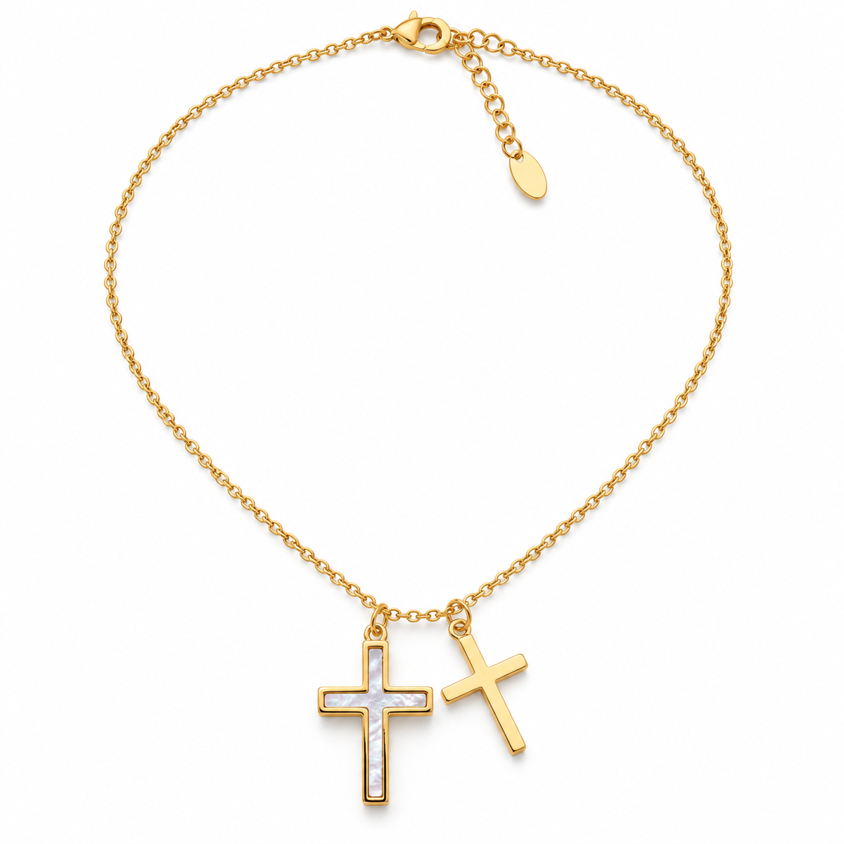 Gold-tone stainless steel double-cross necklace with white pearlescent-look inlay on white