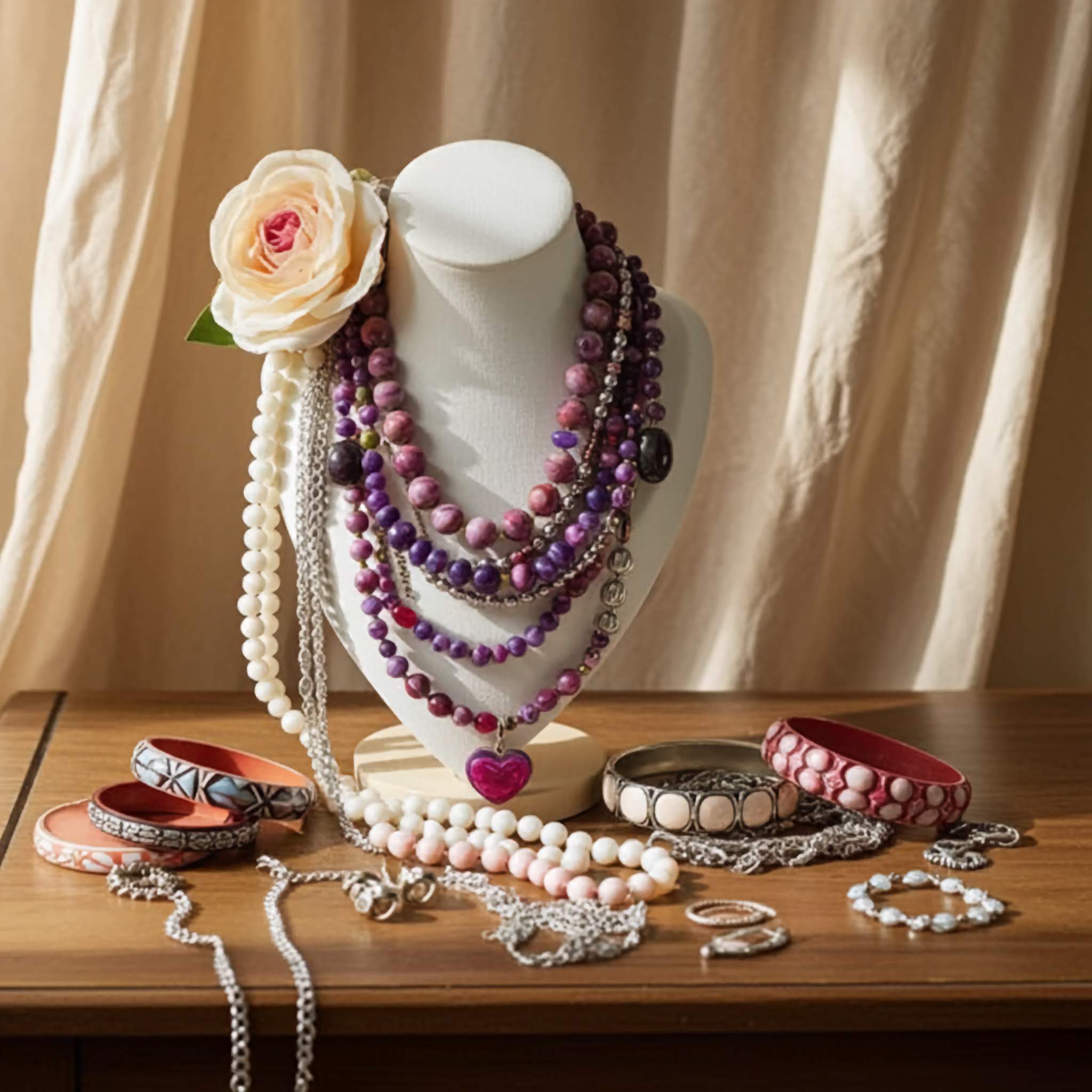 Jewelry display with necklaces, bracelets, and rings on a mannequin bust with a flower against a beige curtain background.