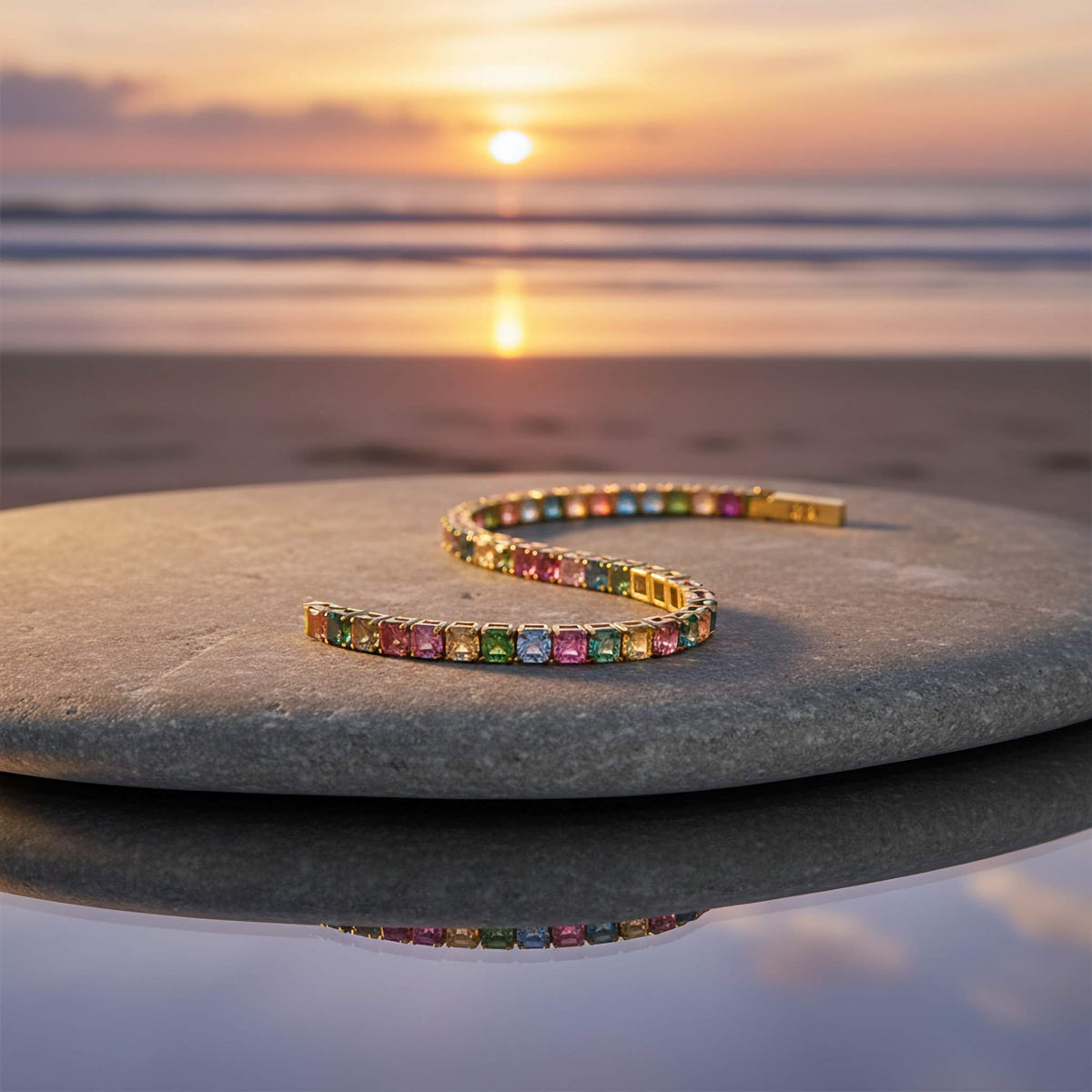 Multicolour square-shaped stones in a gold-tone setting; adjustable stainless steel bracelet by LeDeSaRa